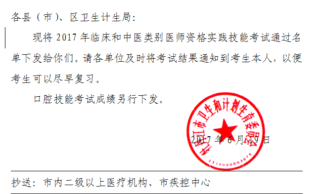 黑龙江牡丹江市2017年临床和中医类别医师实践技能考试成绩通知